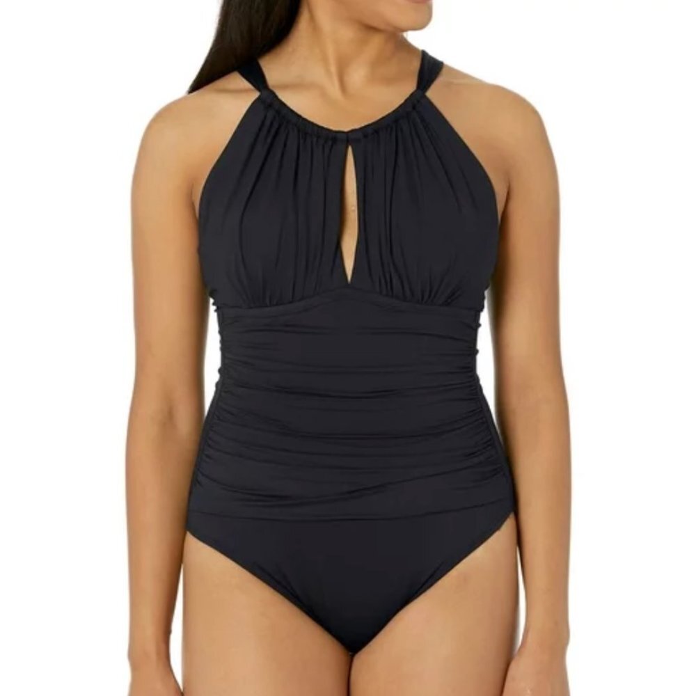 La Blanca Island Goddess High Neck Keyhole One Piece Swimsuit in Black - 12